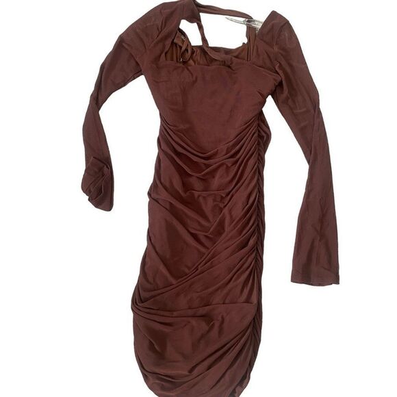 Bodycon Cutout Long Sleeve Mesh Mini Dress Chocolate Brown Size Large NEW - Picture 2 of 10